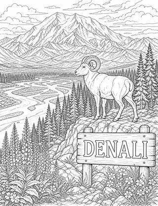 Denali Alaska coloring page with detailed line art