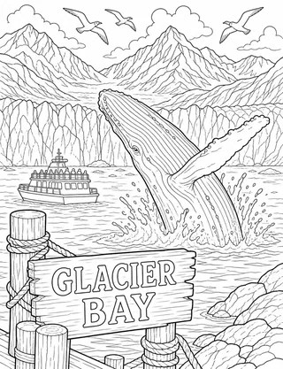 Glacier Bay Alaska coloring page with detailed line art