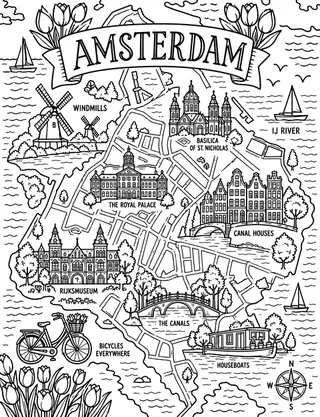 Illustrated travel map of Amsterdam landmarks and attractions