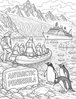 Detailed coloring page of Mirror-Like Waters and Sheer Glaciated Cliffs of the Lemaire Channel with Expedition Zodiacs