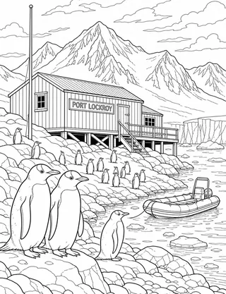 Detailed coloring page of Flooded Volcanic Caldera and Black-Sand Shores of Deception Island at Neptune'S Bellows