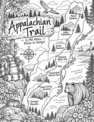 Illustrated travel map of Appalachian Trail landmarks and attractions