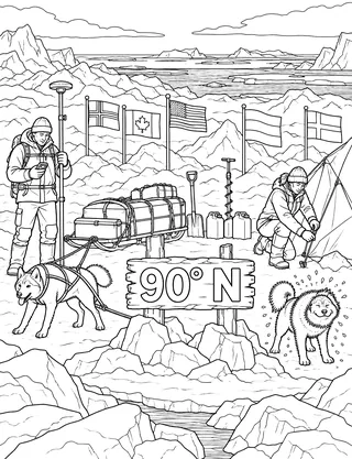 Detailed coloring page of North Pole expedition camp at 90 degrees north