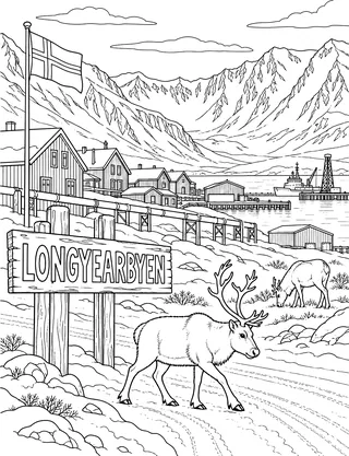 Detailed coloring page of Longyearbyen settlement and reindeer