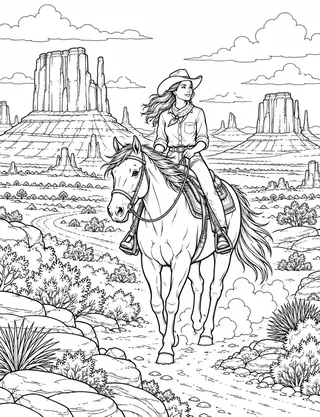 Detailed coloring page of Sandstone Buttes and Open Desert Horizons of Monument Valley