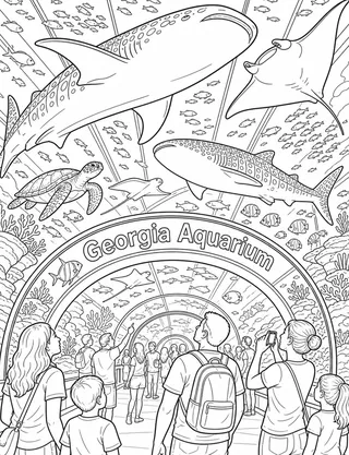 Detailed coloring page of Georgia Aquarium experience with whale sharks featuring Georgia Aquarium sign