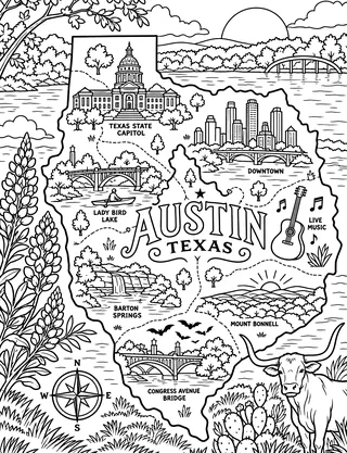 Illustrated travel map of Austin landmarks and attractions