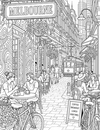 Detailed colouring page of Melbourne laneway café scene with Victorian façades featuring Melbourne sign