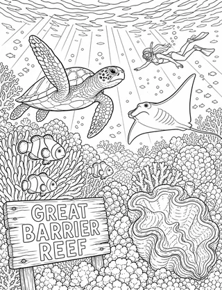 Detailed colouring page of Great Barrier Reef underwater scene with green sea turtle featuring Great Barrier Reef sign