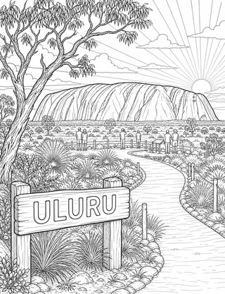 Detailed colouring page of Respectful sunrise landscape at Uluru with native grasses featuring Uluru sign