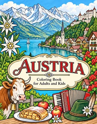 Austria Coloring Book for Adults cover illustration by Louisa May Carson