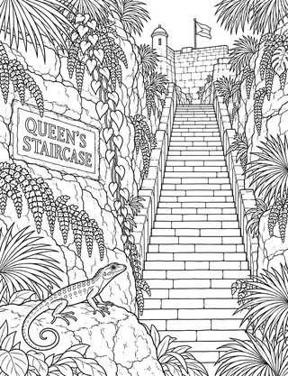 Detailed coloring page of Queens-staircase-nassau featuring Queen sign