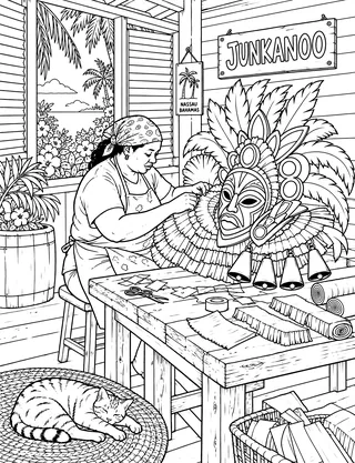 Detailed coloring page of Junkanoo-craft-workshop featuring Junkanoo sign