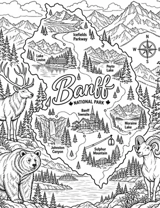 Illustrated travel map of Banff landmarks and attractions
