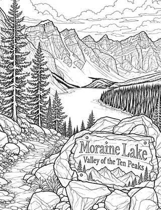 Detailed colouring page of Bow Falls rushing river scene featuring Bow Falls sign