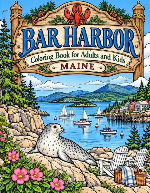 Bar Harbor Coloring Book for Adults cover illustration by Louisa May Carson