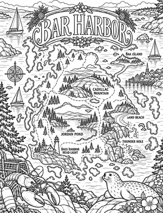 Illustrated travel map of Bar Harbor landmarks and attractions