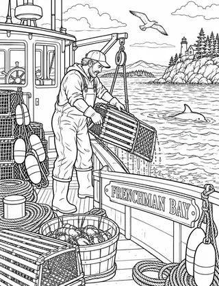 Detailed coloring page of Traditional Maine lobster boat hauling traps off Frenchman Bay