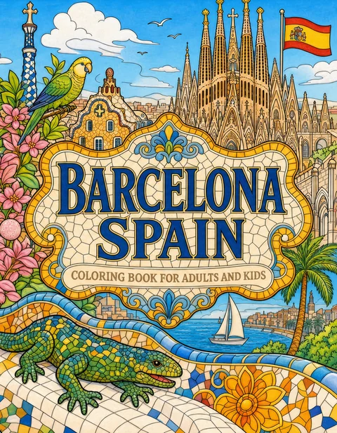 Barcelona Coloring Book for Adults cover illustration by Louisa May Carson