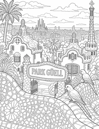 Park Güell Barcelona coloring page with detailed line art