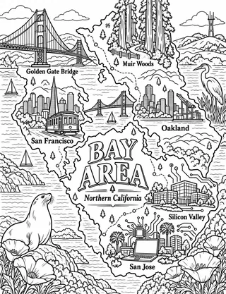 Illustrated travel map of Bay Area landmarks and attractions
