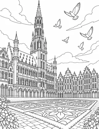 Detailed coloring page of Bruges canal excursion boat and belfry