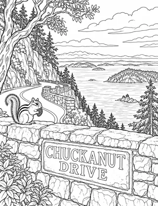 Detailed coloring page of Chuckanut Drive cliffside roadway and stone parapet overlook featuring Chuckanut Drive sign