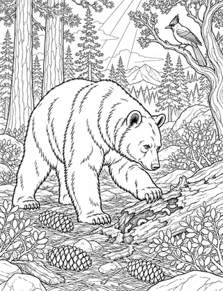 Detailed coloring page of American Bear Foraging in Pine Forest