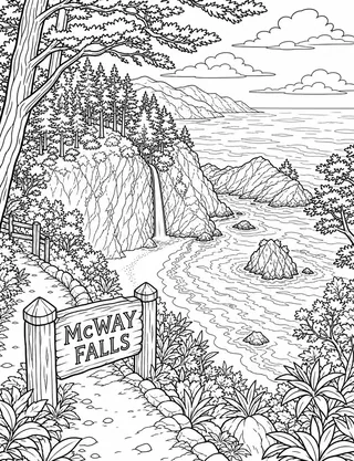 McWAY FALLS Big Sur coloring page with detailed line art