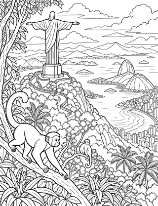 Detailed coloring page of Cristo Redentor Corcovado panorama