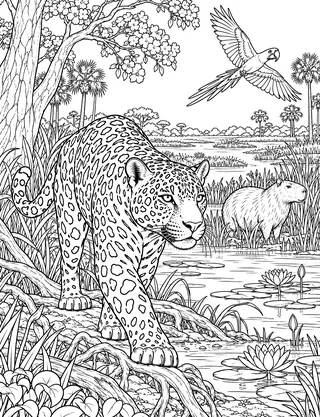 Detailed coloring page of Pantanal jaguar riverbank