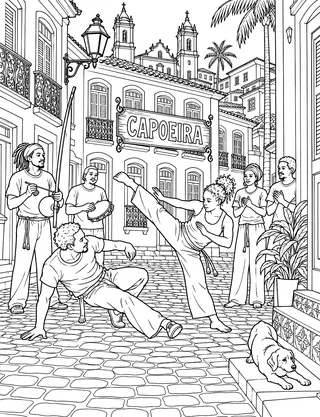 Detailed coloring page of Pelourinho capoeira roda