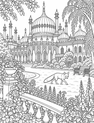 Detailed colouring page of Royal Pavilion and Palace Gardens