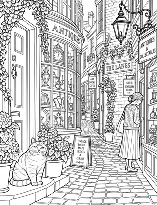 Detailed colouring page of Lanes Historic Cobblestone Twittens featuring The Lanes sign