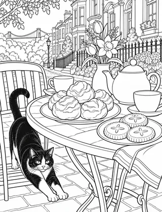 Detailed colouring page of Clifton Puffs and Bristol Easter Biscuits cafe close-up
