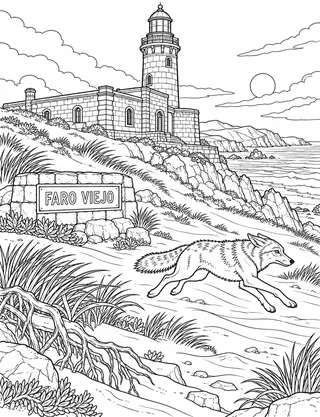 Detailed coloring page of Faro Viejo de Cabo Falso featuring Faro Viejo sign