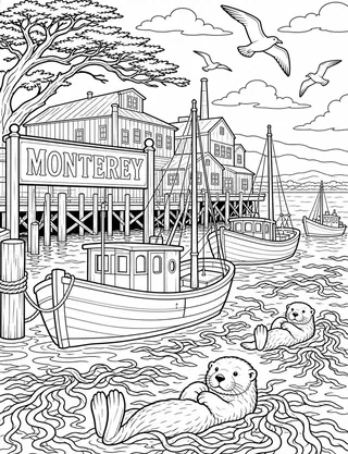 Detailed coloring page of Monterey fishing harbor