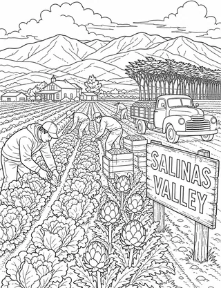 Detailed coloring page of Salinas Valley lettuce and artichoke fields