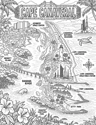 Illustrated travel map of Cape Canaveral landmarks and attractions