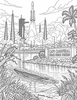 Detailed coloring page of Cape Canaveral Space Force Station Launch