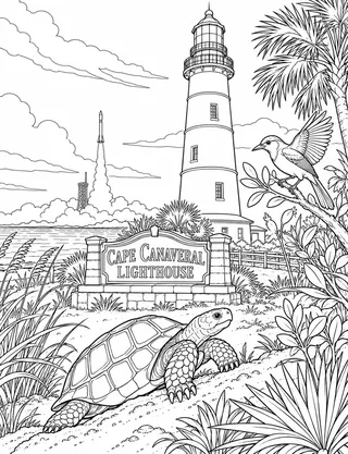 Detailed coloring page of Cape Canaveral Lighthouse and Coastal Scrub