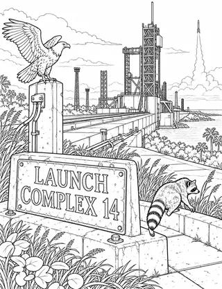 Detailed coloring page of Launch Complex 14 Mercury Heritage