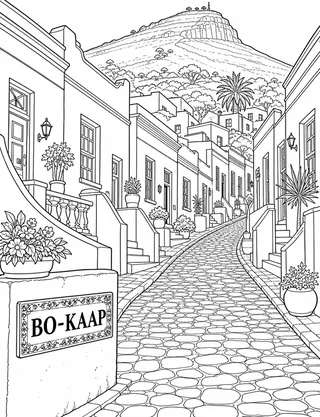 Detailed coloring page of Bo-Kaap street and historic homes