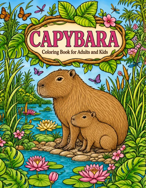 Capybara Coloring Book for Adults cover illustration by Louisa May Carson