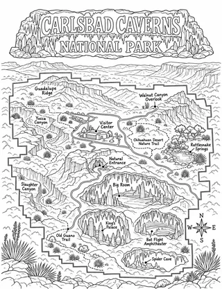 Illustrated travel map of Carlsbad Caverns National Park landmarks and attractions