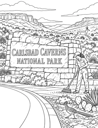 Detailed coloring page of Carlsbad Caverns park entrance monument featuring Carlsbad Caverns National Park sign
