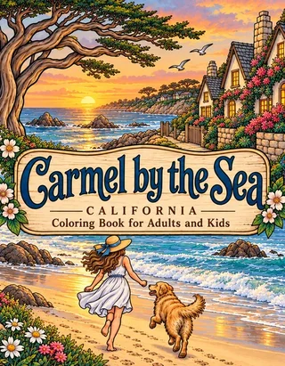 Carmel-By-The-Sea Coloring Book for Adults cover illustration by Louisa May Carson