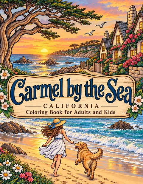 Carmel-by-the-Sea Coloring Book for Adults cover illustration by Louisa May Carson