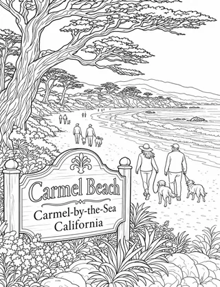 Detailed coloring page of Carmel-by-the-Sea Beach White Sands & Cypress Trees featuring Carmel Beach Carmel-by-the-Sea California sign