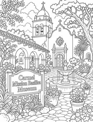 Detailed coloring page of Historic Carmel Mission Basilica featuring Carmel Mission Basilica Museum sign